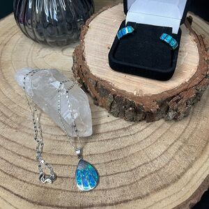 Necklace & Earrings Silver Toned Blue Fire Opal Jewelry Set